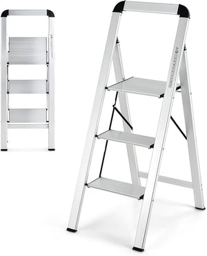 Scala Pieghevole in Alluminio a 3 Gradini, Scaletta Salvaspazio con Corrimano, Ampi Pedali e Piedini Antiscivolo, Telaio in Alluminio Robusto e Leggero, Portata 150kg