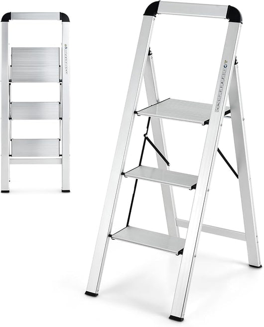 Scala Pieghevole in Alluminio a 3 Gradini, Scaletta Salvaspazio con Corrimano, Ampi Pedali e Piedini Antiscivolo, Telaio in Alluminio Robusto e Leggero, Portata 150kg