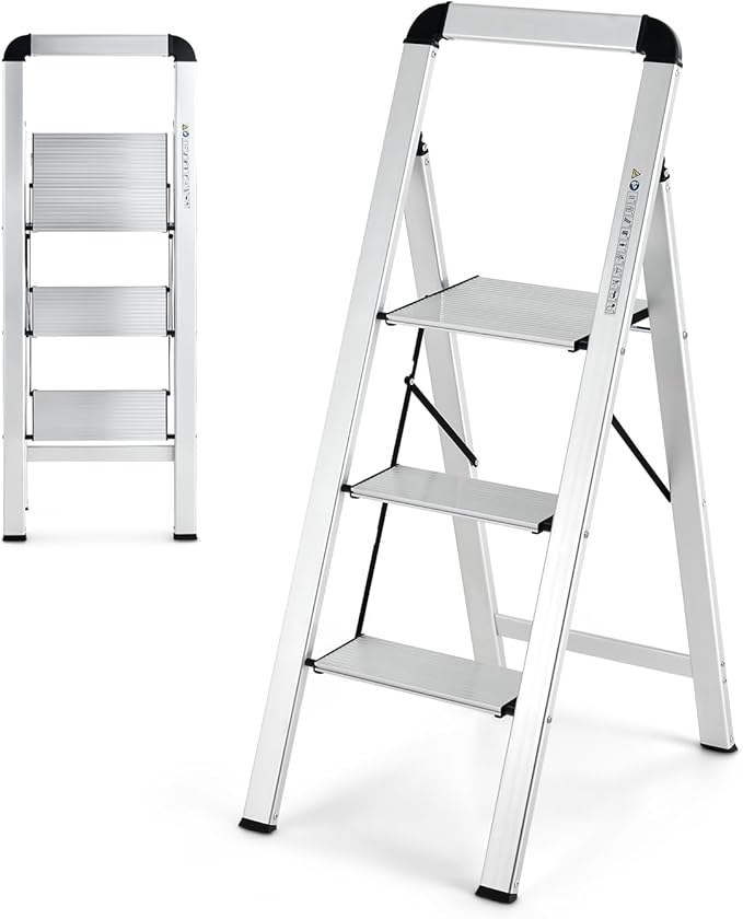 Scala Pieghevole in Alluminio a 3 Gradini, Scaletta Salvaspazio con Corrimano, Ampi Pedali e Piedini Antiscivolo, Telaio in Alluminio Robusto e Leggero, Portata 150kg