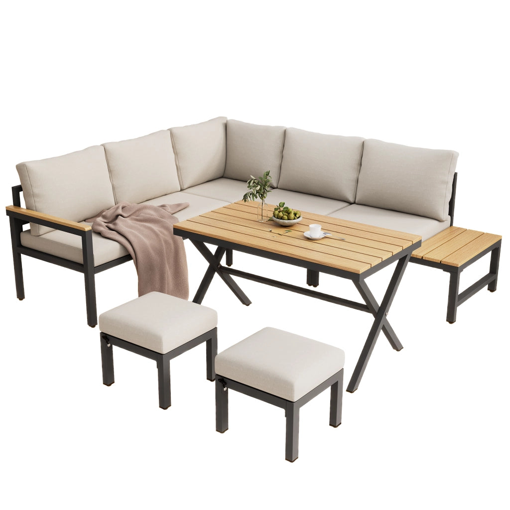 Set da Giardino 4 Pezzi con Divano Angolare, 2 Sgabelli e Tavolo ¨C MINIMAL ¨C Polyrattan e Acciaio, Grigio Beige