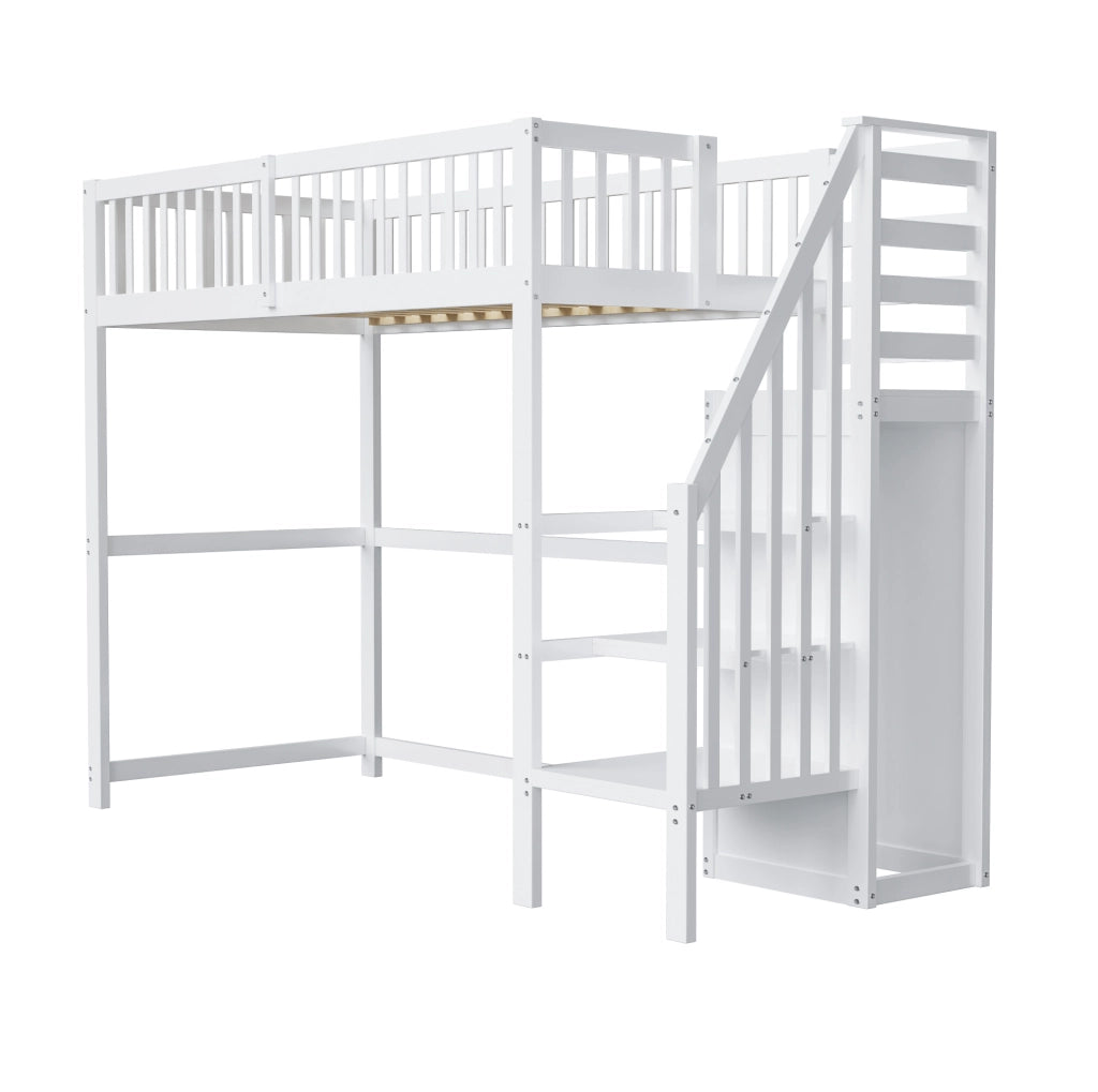 Letto a soppalco 90x200 cm con scala e armadio in legno bianco