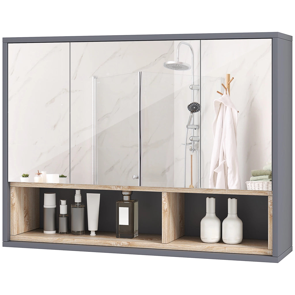 Mobile da Bagno con Specchio e Armadietto ¨C Zephmum ¨C Grigio, Legno Multistrato, 3 Ante, 8 Ripiani