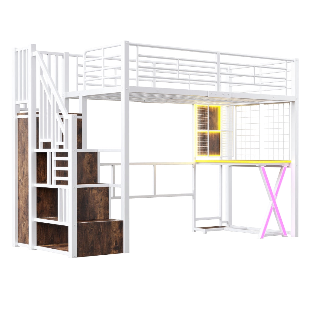 Letto a soppalco 90x200 cm in metallo e MDF con scrivania, guardaroba, scala contenitore e luci LED
