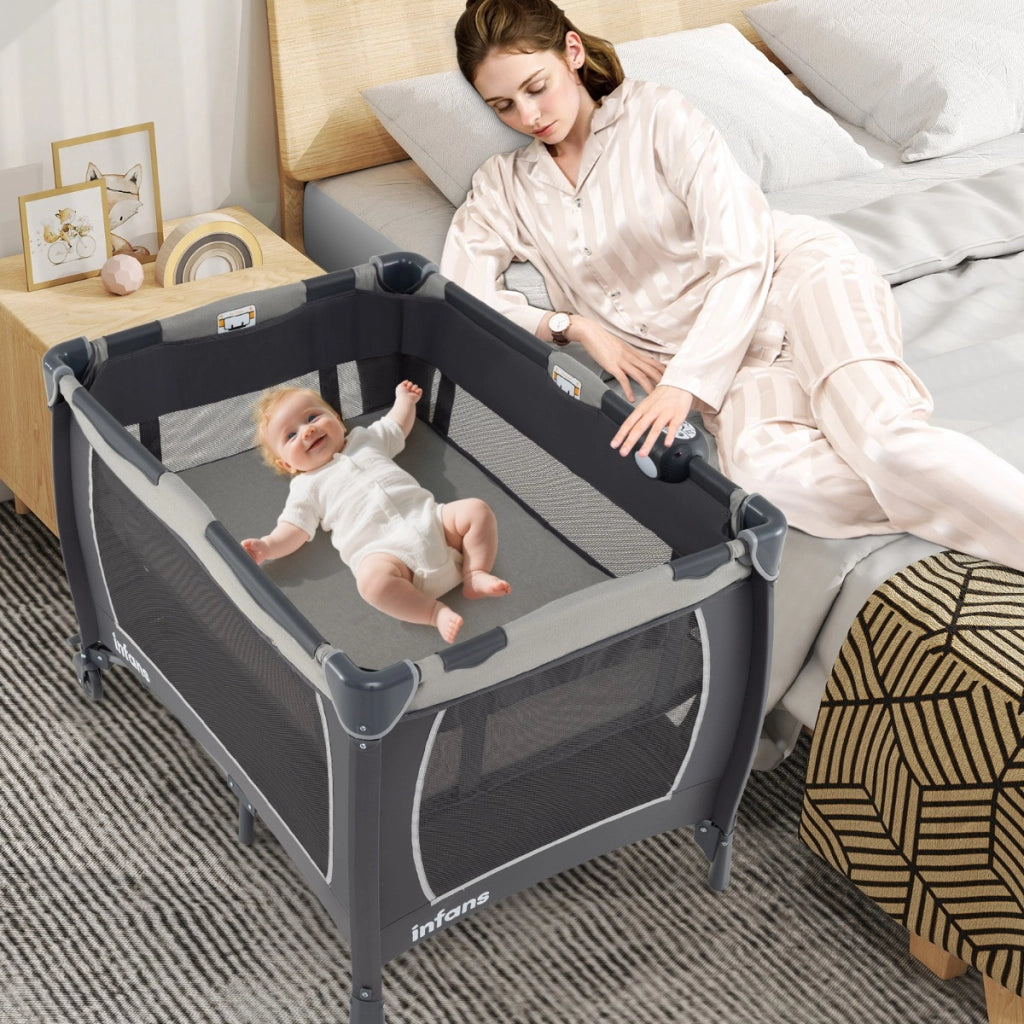 Lettino pieghevole con fasciatoio materasso con cestino e borsa da trasporto, Centro attivit¨¤ per bambini 5 in 1 Grigio-Culle