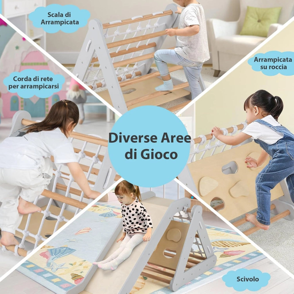 Set 4 in1 Arrampicata per Bambini, Arrampicata a Triangolo con Scivolo, Set di Arrampicata in Legno per Interni e Esterni con Rete di Arrampicata, Carico 50kg, 1 Anni+ (Grigio)