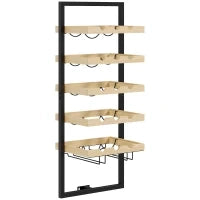 Portabottiglie da Parete in Legno e Acciaio per 15 Bottiglie di Vino e 4 Calici, 35x25x86cm