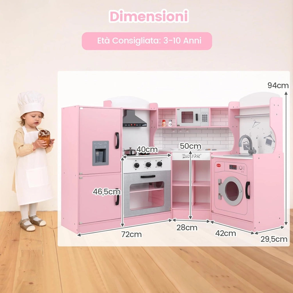 Set Gioco da Cucina per Bambini d'Angolo, Cucina Giocattolo in Legno con Macchina di Ghiaccio, Microonde, Lavatrice e Accessori, con Suoni e Luci, per Bambini 3-10 Anni (Rosa)
