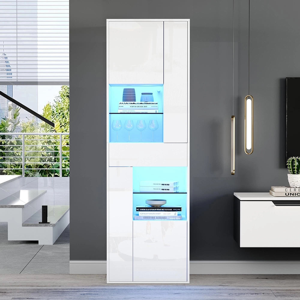 Vetrina esposizione 55x38x170 cm con LED - Xylo - 1 cassetto, 4 ante vetrate, design brillante, bianco