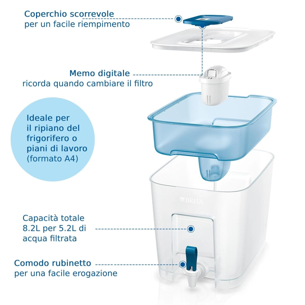 Brita Sistema filtrante XXL Flow (8.2L) incl. 1 x filtro MAXTRA PRO All-in-1 - distributore da frigorifero per famiglie e uffici, riduce cloro, calcare e impurità