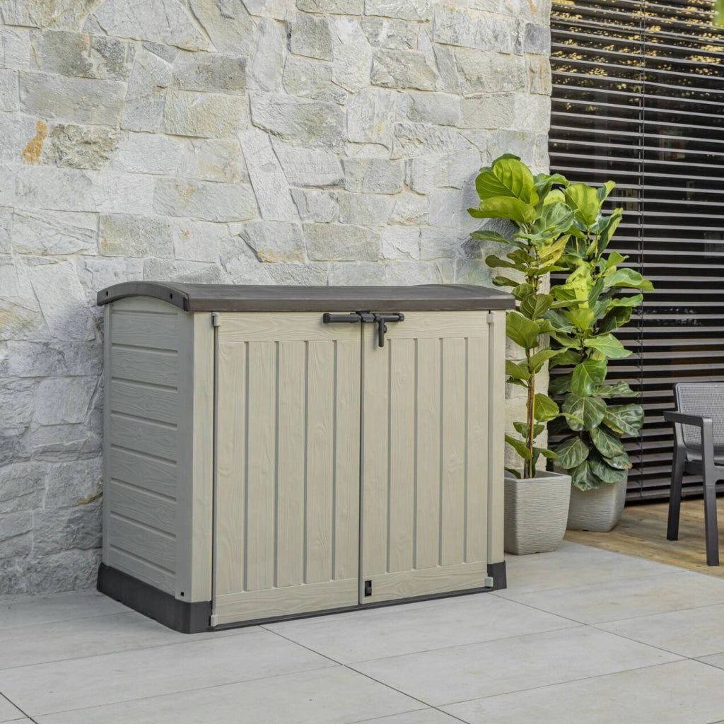 Armadio da esterno Hinton, Mobile outdoor, Mobiletto giardino multiuso, Contenitore per balcone o garage, 146x82 h120 cm, Beige