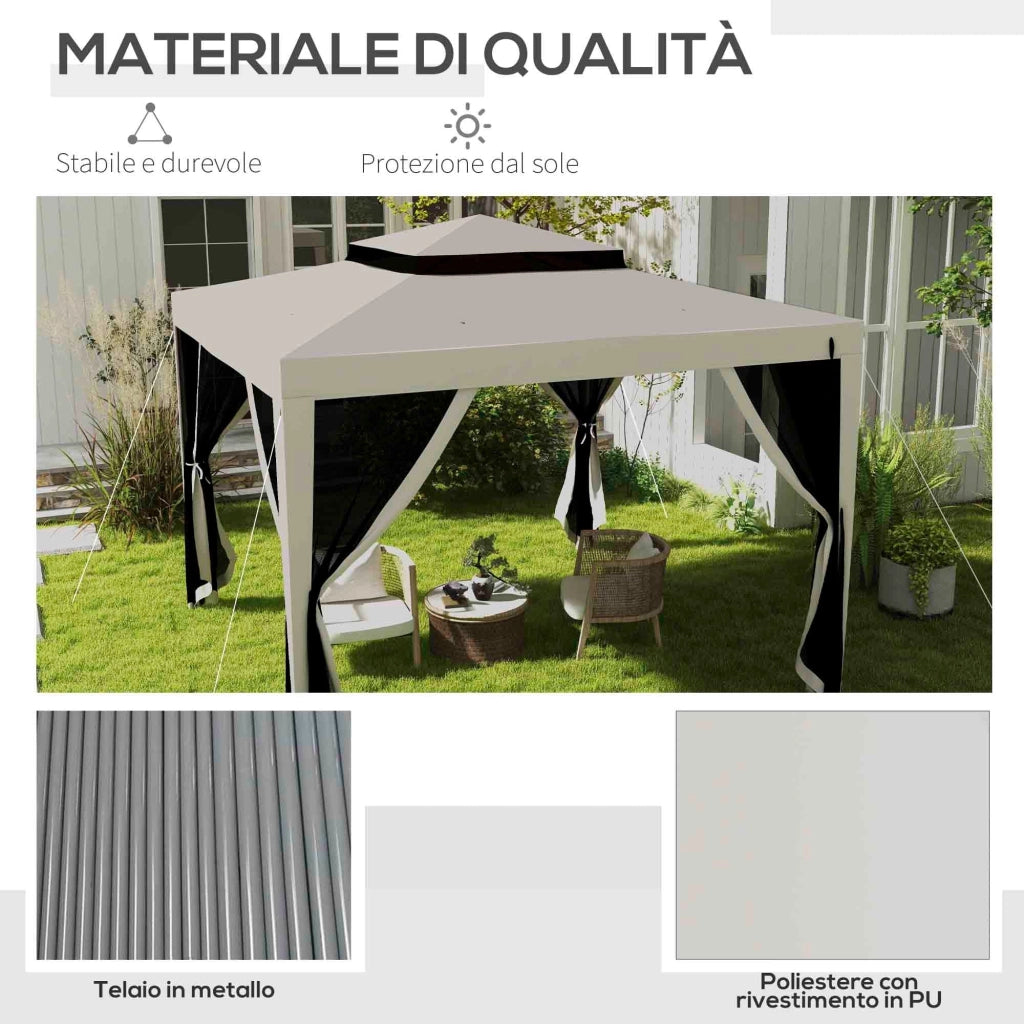 Gazebo da Giardino 300x300 cm con Zanzariera Doppio Tetto e 8 Fori in Acciaio e Poliestere Bianco Crema