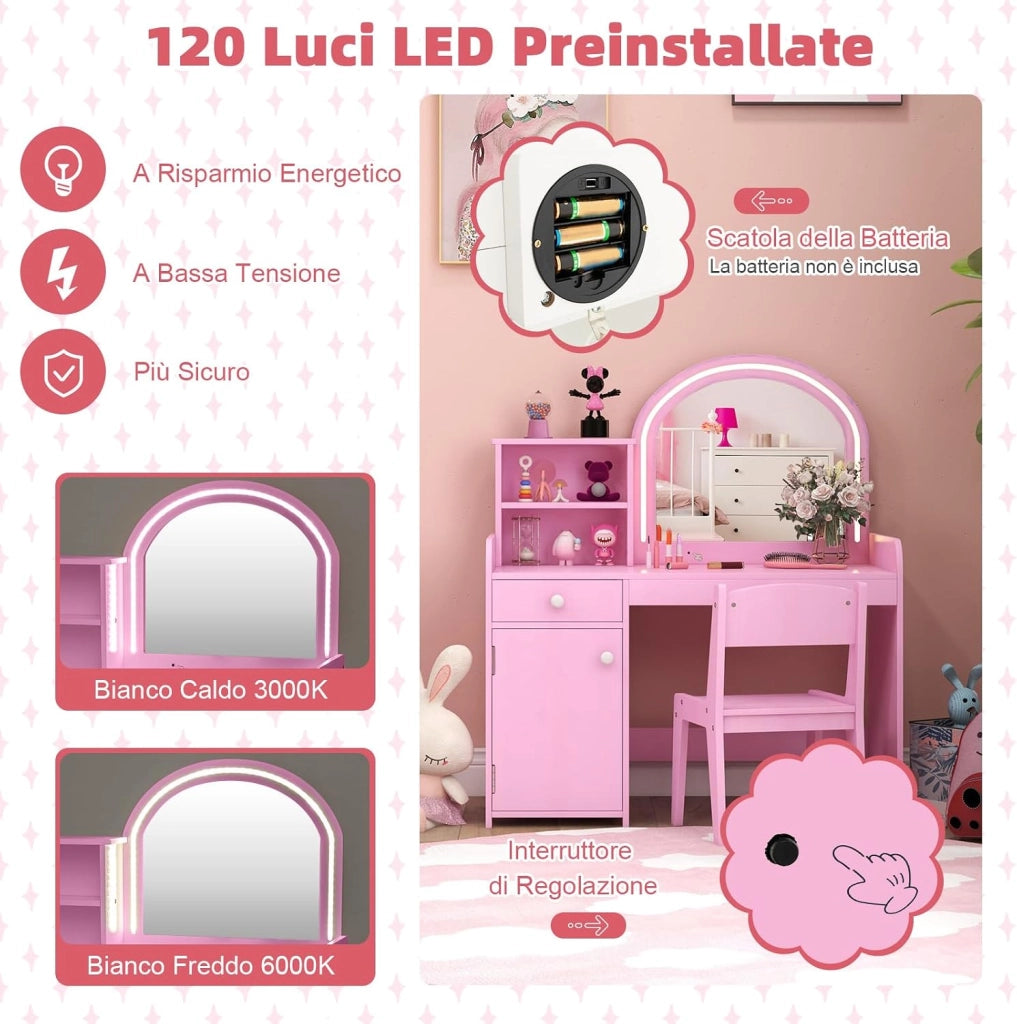 Toeletta Trucco 2 in 1 per Bambina, Specchiera per Ragazza in Legno con Mensole, Cassetto, Ripiani e Luci LED Regolabile, Postazione Trucco per 3 Anni, 80 x 40 x 94 cm (Rosa)