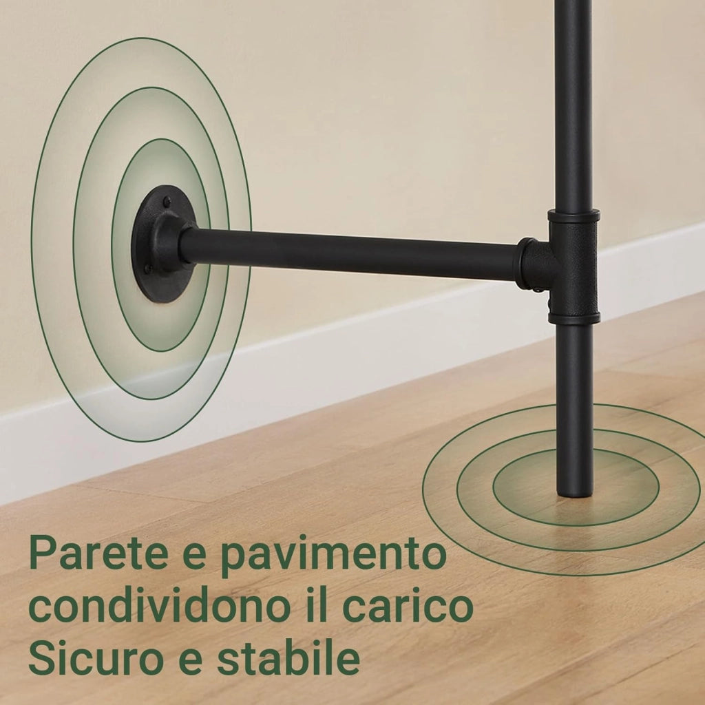 Appendiabiti a Parete con 3 Aste Appendiabiti + 3 Ripiani MDF, Porta Abiti per Camera da Letto, 168x46x220cm, Industriale Nero KLS18-SCH