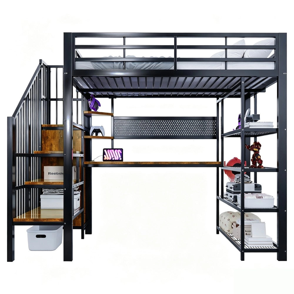 Letto a soppalco ¨C Minimal ¨C Nero metallo 140x200cm con scrivania ripiani LED e prese