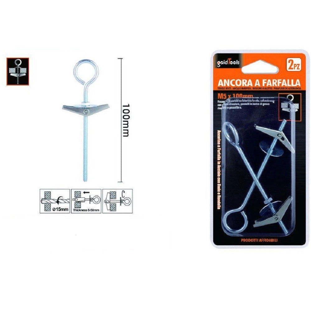 Trade Shop - Set 2pz Ancora Farfalla Con Occhiolo Chiuso Acciaio Dado Rondella M5x100mm 57233 -