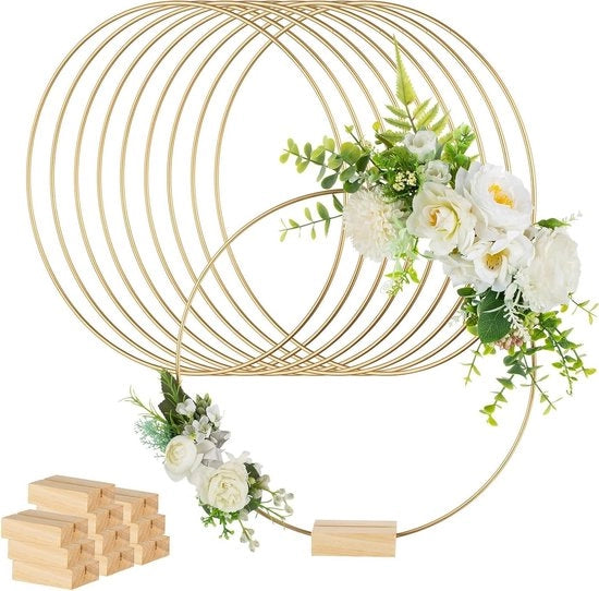 Decine di pezzi di anelli florali a forma di cerchio da 30cm in oro: centri di tavola con anello floreale standard, catena di corda macramè, piccoli cerchi per hula per decorazione di centrotavola per artigianato e matrimonio