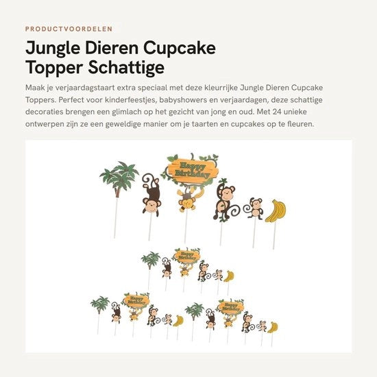 Decorazione per torta Jungle Animali - 24 pezzi - Decorazione per torta per compleanni - Materiale cartaceo sicuro per alimenti - Creativo e divertente - Ideale per feste di bambini