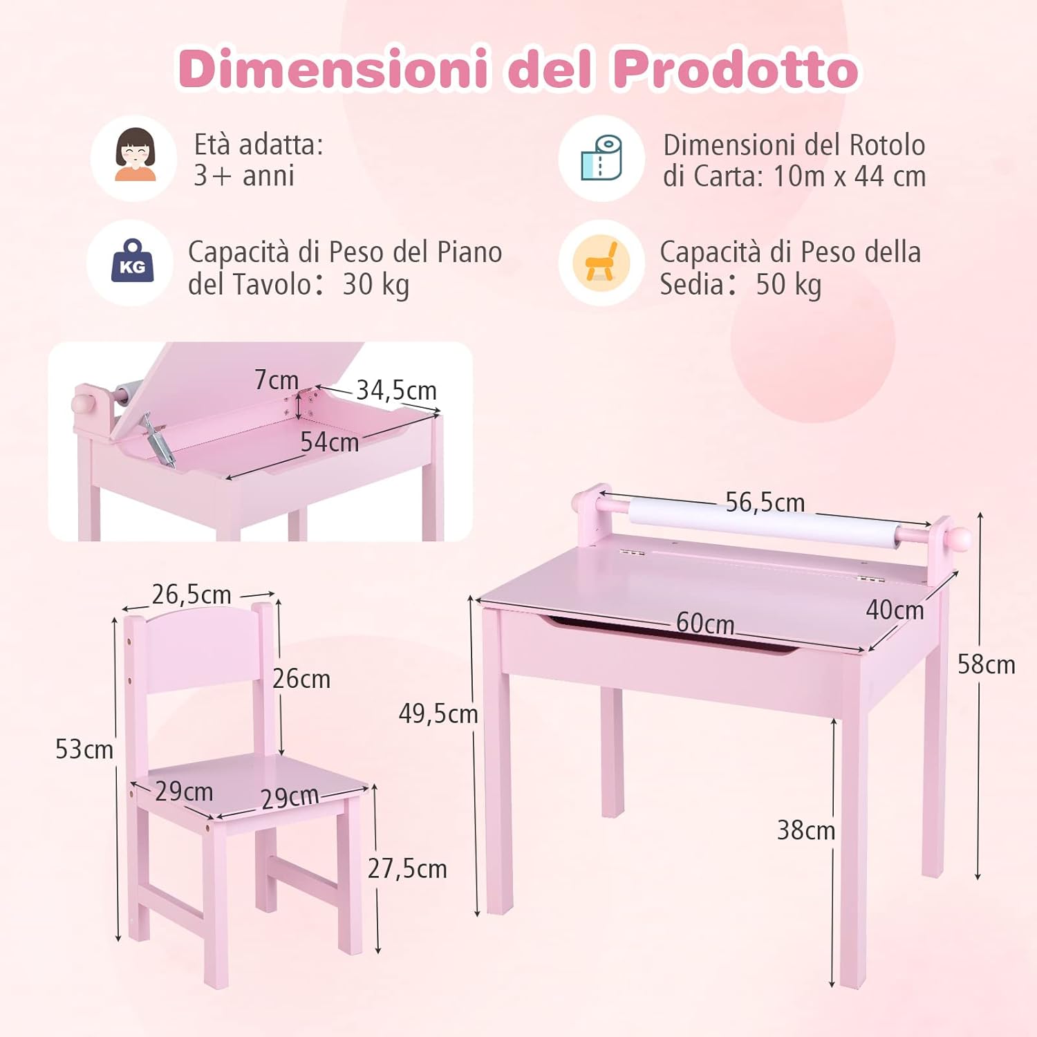 Set Tavolo e Sedia d’Arte per Bambini 3+ Anni, Scrivania in Legno di Pino da Disegno con Portarotolo, Piano Ribaltabile & Vano Portaoggetti, Rotolo di Carta (10m) e 2 Pennarelli (Rosa)