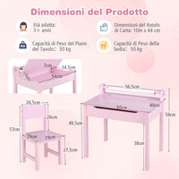 Set Tavolo e Sedia d’Arte per Bambini 3+ Anni, Scrivania in Legno di Pino da Disegno con Portarotolo, Piano Ribaltabile & Vano Portaoggetti, Rotolo di Carta (10m) e 2 Pennarelli (Rosa)