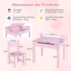 Set Tavolo e Sedia d’Arte per Bambini 3+ Anni, Scrivania in Legno di Pino da Disegno con Portarotolo, Piano Ribaltabile & Vano Portaoggetti, Rotolo di Carta (10m) e 2 Pennarelli (Rosa)