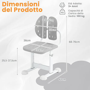 Sedia per Bambini 3+ Anni, Poltrona Ergonomica con Doppi Supporti Dorsali e Seduta Traspirante e Struttura in Metallo Resistente, Sedia Regolabile in Altezza per Camera da Letto (Grigio)