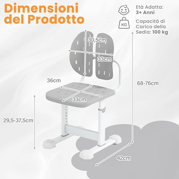 Sedia per Bambini 3+ Anni, Poltrona Ergonomica con Doppi Supporti Dorsali e Seduta Traspirante e Struttura in Metallo Resistente, Sedia Regolabile in Altezza per Camera da Letto (Grigio)
