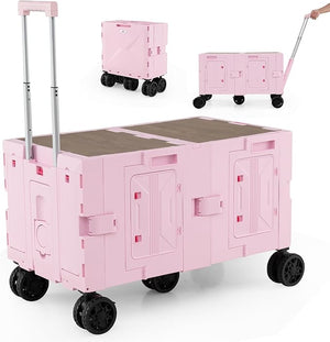 Carrello da Spiaggia Pieghevole 150 L, Carrello con Ruote Portatutto con Armadio a 2 Livelli e Manico Telescopico in Metallo, Carretto Giardino Portatile per Campeggio, Portata 120 kg (Rosa)