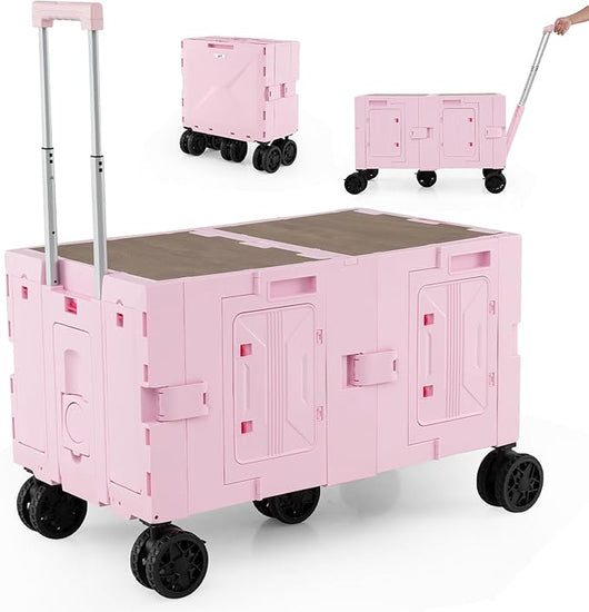 Carrello da Spiaggia Pieghevole 150 L, Carrello con Ruote Portatutto con Armadio a 2 Livelli e Manico Telescopico in Metallo, Carretto Giardino Portatile per Campeggio, Portata 120 kg (Rosa)