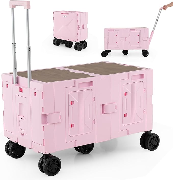 Carrello da Spiaggia Pieghevole 150 L, Carrello con Ruote Portatutto con Armadio a 2 Livelli e Manico Telescopico in Metallo, Carretto Giardino Portatile per Campeggio, Portata 120 kg (Rosa)