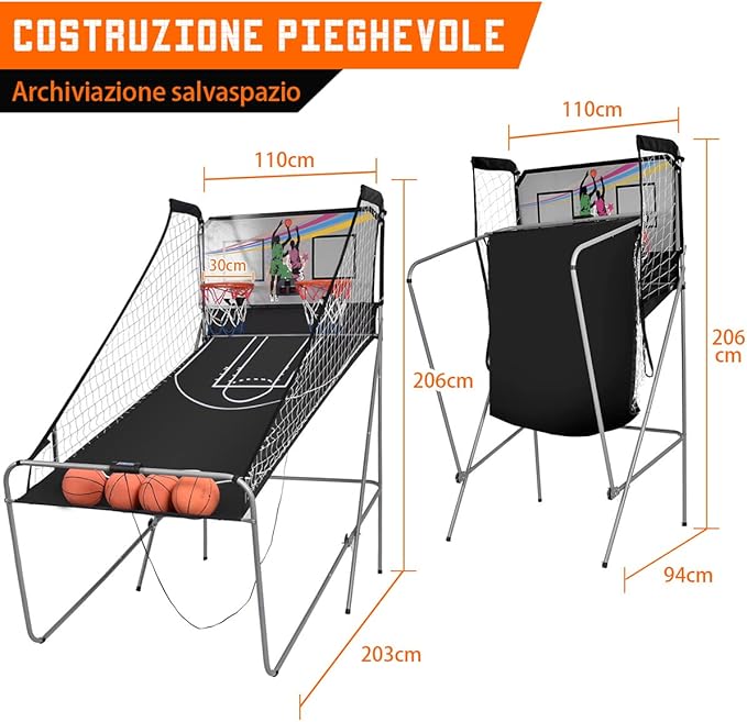 Macchina da Pallacanestro Elettronica, Canestro Basket da Camera a Doppio Tiro Pieghevole con Punteggio Elettronico, 4 Palle, 8 Modalità di Gioco e 2 Canestri (Grigio)