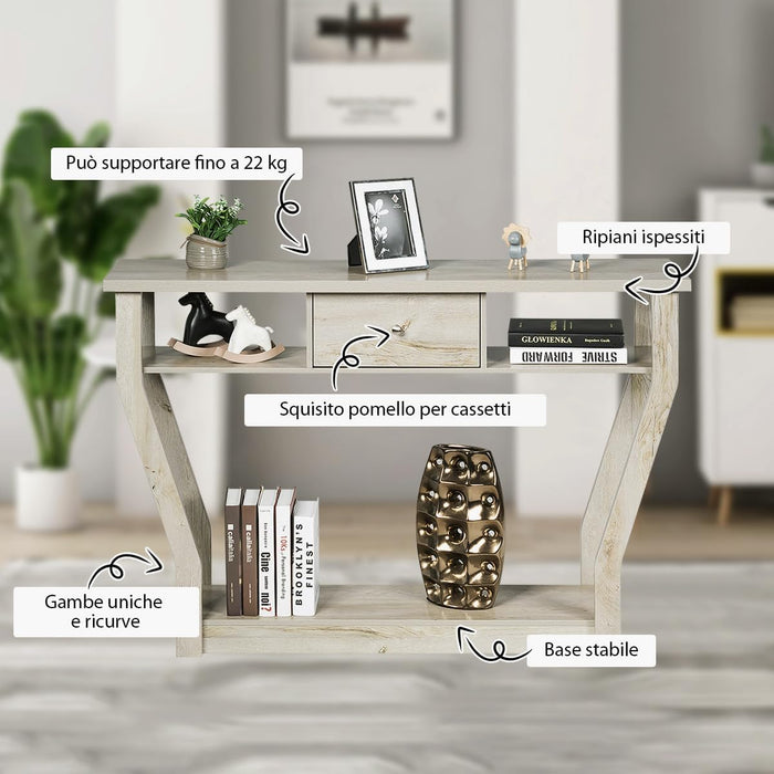 Tavolo Consolle in Legno, Consolle con Cassetto e Ripiani, Tavolo d'Ingresso Multiuso per Salotto, Corridoio e Entrata 120 x 30 x 81 cm (Grigio)