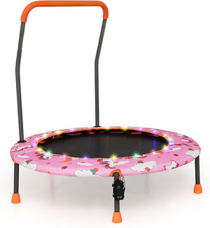 Trampolino per Bambini da Interno ed Esterno, Tappeto Elasctico Bambini 3-6 Anni in Acciaio con Maniglia Rimovibile, Luci LED, Cuscinetti Antiscivolo e Copertura Protettiva