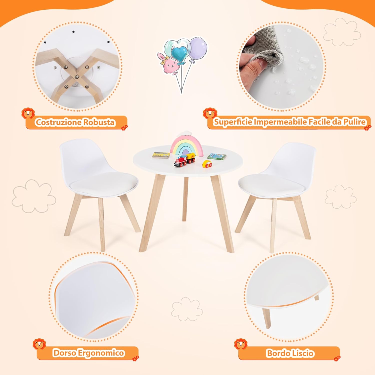 Set Tavolo e Sedie Bambini 3 Pezzi, Tavolino Rotondo per Bambini con 2 Sedie Imbottite, Mobili Cameretta per Bambini da 3 a 8 Anni