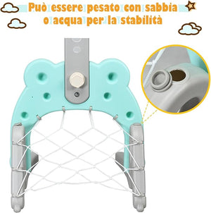 Canestro da Basket, Centro Attività 3 in 1 per Bambini, Canestro da Basket con Porta da Calcio e Gioco degli Anelli, Set Basket e Calcio a Forma di Orso, Ideale per Bambini (Verde)