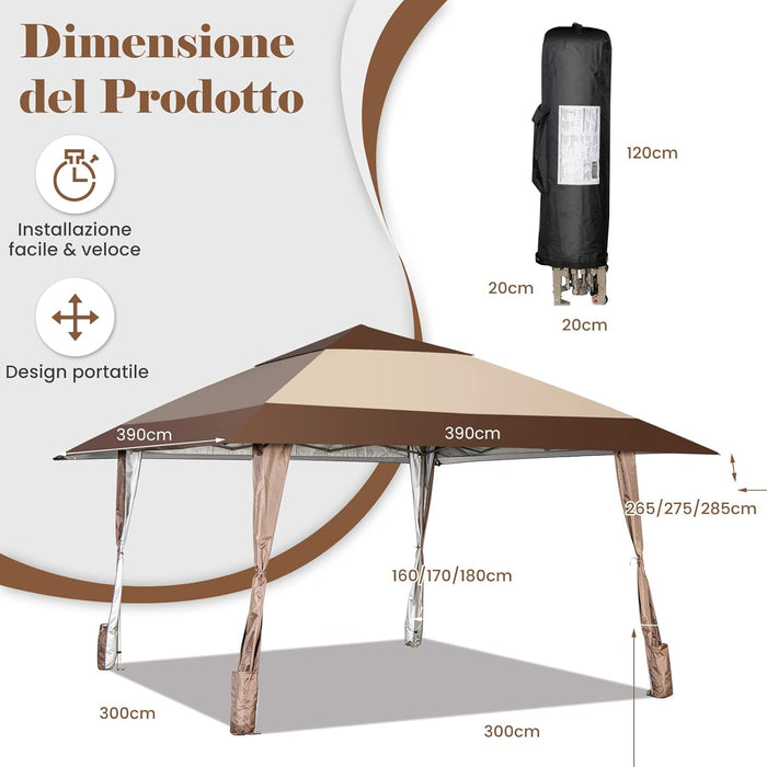 Gazebo da Giardino 3 x 3 M, Gazebo da Esterno con Ruote, Struttura in Acciaio, Regolabile in Altezza, Ideale per Feste, Barbecue, Giardino