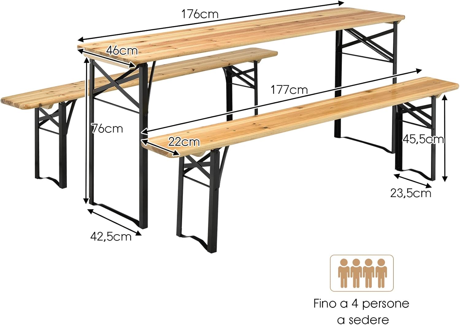 Tavolo e Panche da Esterno Pieghevoli in Legno, Tavolo da Esterno e Interno con 2 Panche con Robusta Struttura in Metallo, Ideale per Cortile, Patio e Giardino