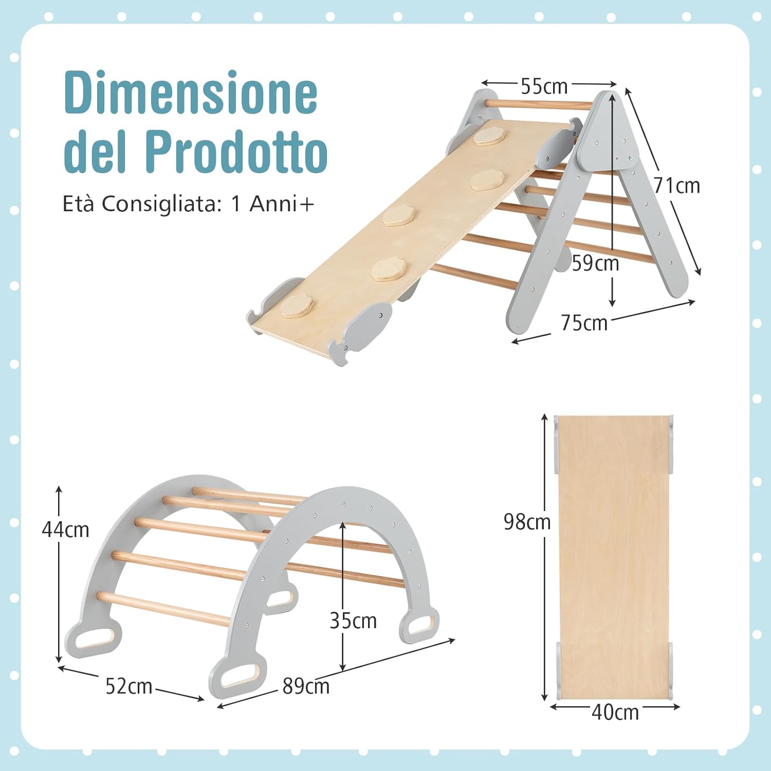 3 in 1 Set da Arrampicata per Bambini, Giocattoli da Arrampicata a Triangolo con Triangolo Arco e Salita, Ideale per Bambini 1 Anni + (Grigio)