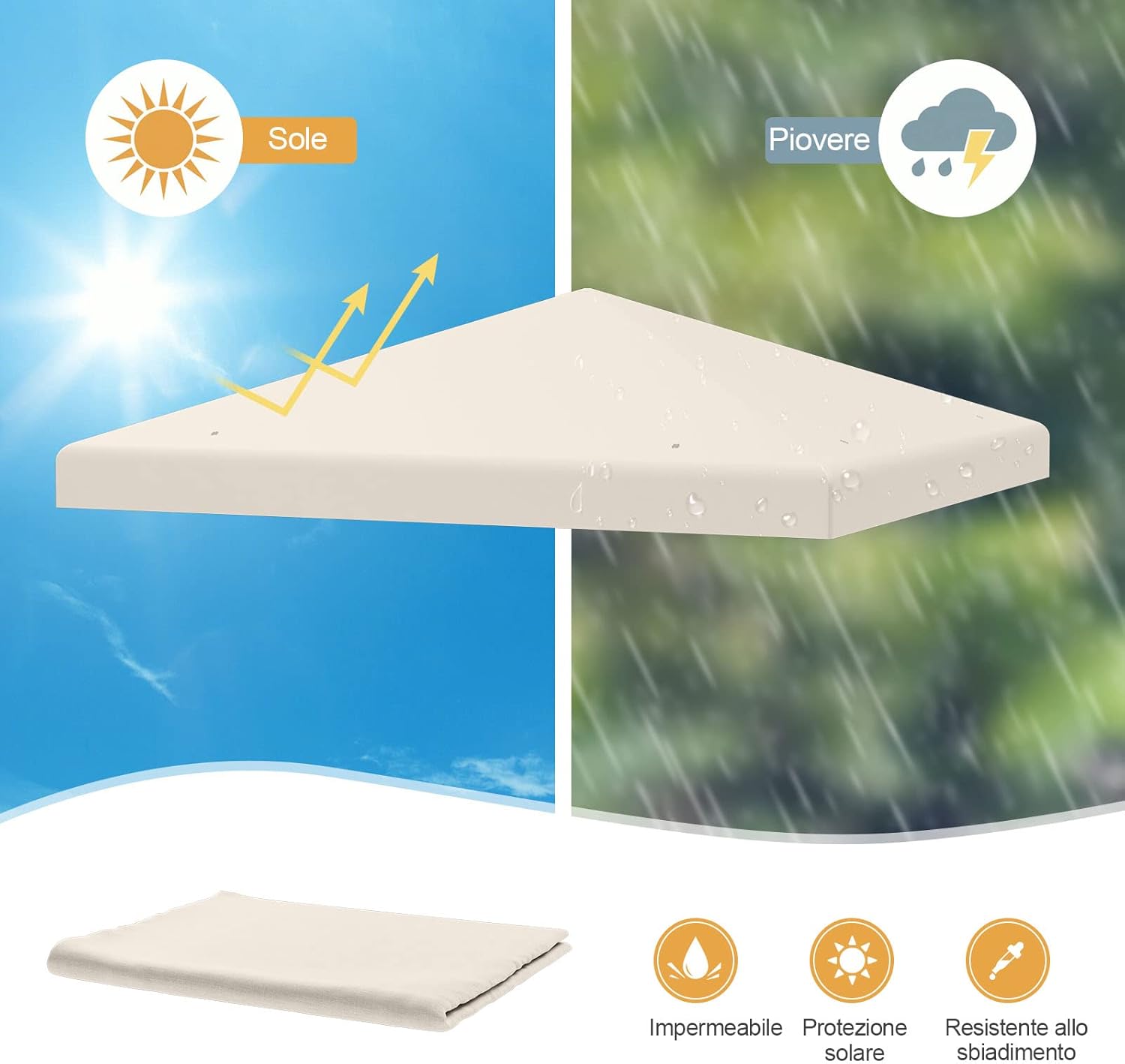 Tettoia di Ricambio per Gazebo da 3 x 3 m, Copertura per Gazebo da Giardino con Gancio e Chiusura a Strappo, Fori di Drenaggio, Facile da Montare (Beige)