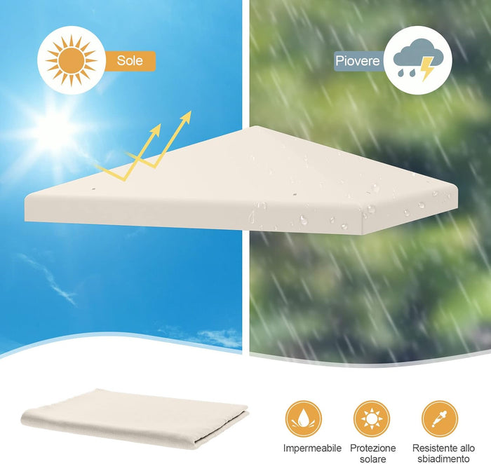 Tettoia di Ricambio per Gazebo da 3 x 3 m, Copertura per Gazebo da Giardino con Gancio e Chiusura a Strappo, Fori di Drenaggio, Facile da Montare (Beige)
