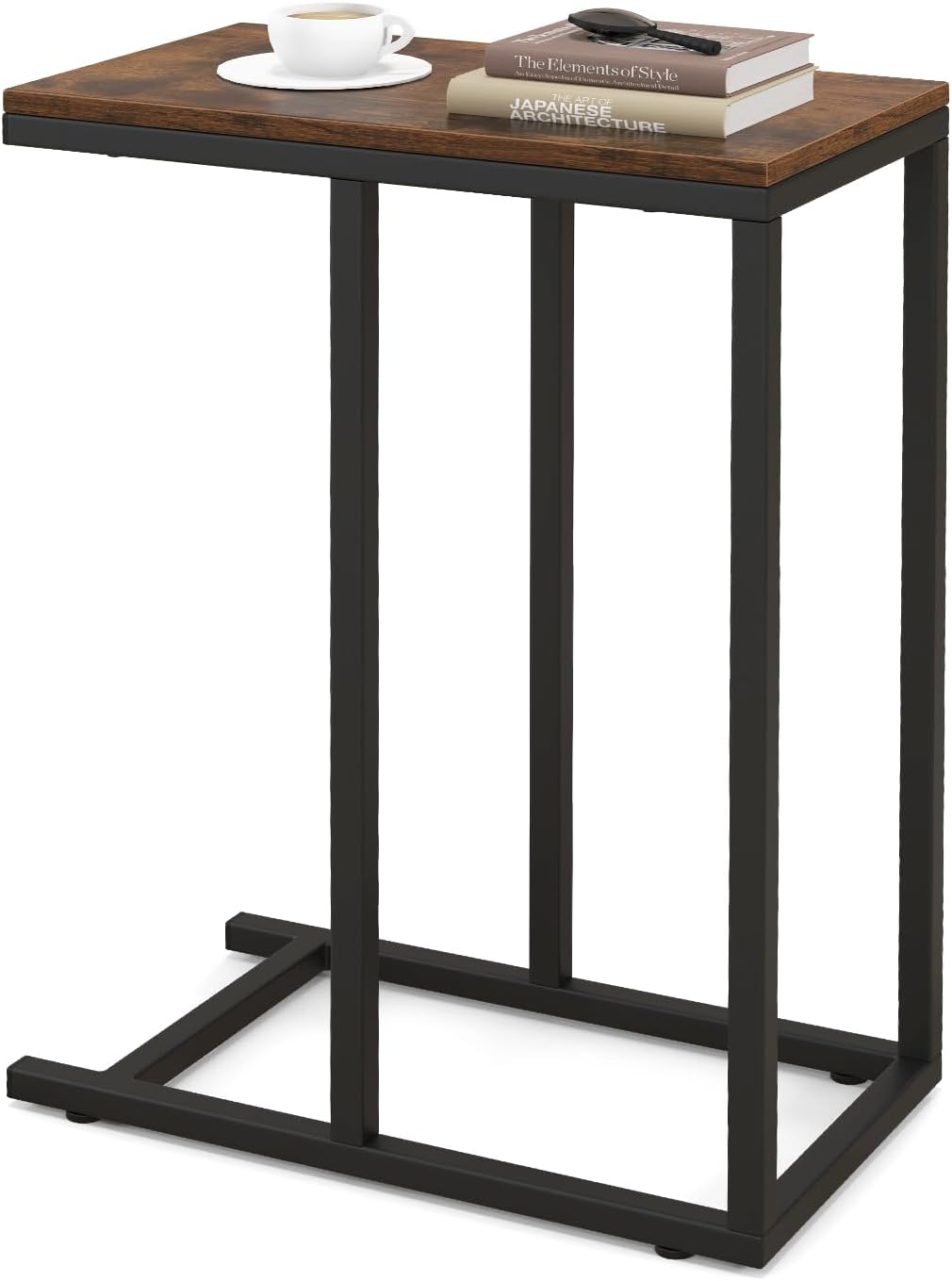 Tavolino a Forma di C per Divano e Letto, Tavolino Basso con Struttura in Metallo, Tavolino da Salotto e Camera da Letto, 45,5 x 25,5 x 64 cm (Marrone)