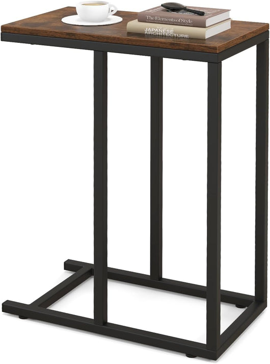 Tavolino a Forma di C per Divano e Letto, Tavolino Basso con Struttura in Metallo, Tavolino da Salotto e Camera da Letto, 45,5 x 25,5 x 64 cm (Marrone)
