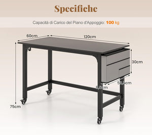 Scrivania per Ufficio e Casa, Scriviania con Ampio Piano, 4 Ruote Bloccabili, Borsa Rimovibile e Ganci per Cuffie, Scriviania per Computer di Metallo e Legno (Nero)