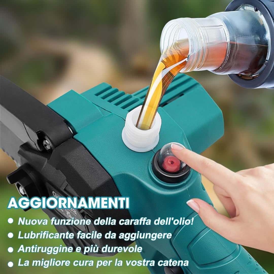 Mini Motosega a Batteria con Oliatore Automatico, 2 Batterie 48V, Barre da 6'' e 8'' Pollici con Catene di Ricambio e Blocco di Sicurezza – Potenza e Versatilità per Lavori di Precisione