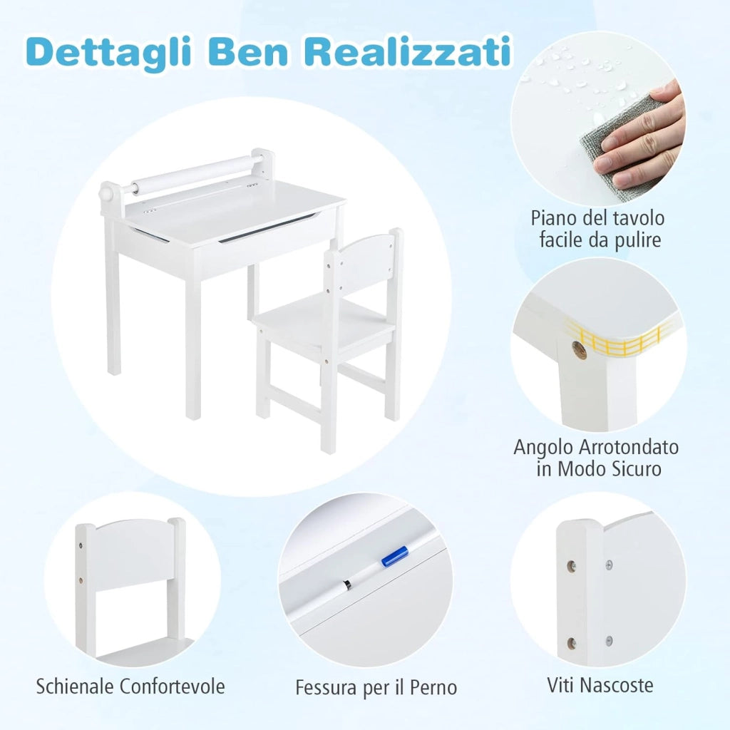 Set Tavolo e Sedia D'arte per Bambini, Scrivania da Disegno per 3 Anni con Portarotolo e Piano Ribaltabile, Vano Portaoggetti, Rotolo di Carta e Pennarelli, 60 x 40 x 58 cm (Bianco)