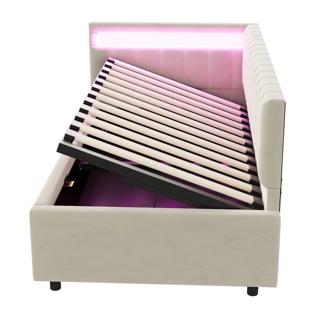 Letto imbottito 90x200 cm con LED; contenitore idraulico; velluto beige