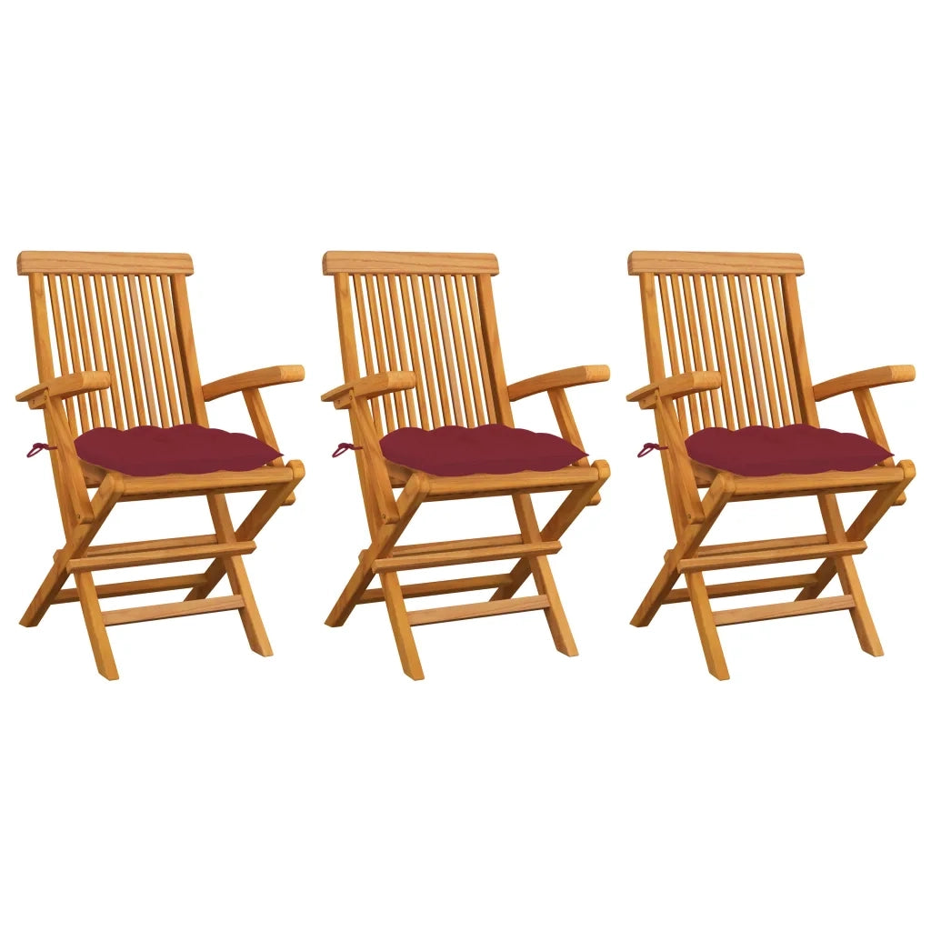 Sedie da Giardino con Cuscini Rosso Vino 3 pz Massello di Teak cod mxl 43902