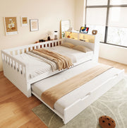 Letto multifunzione in legno 90x200 cm bianco con letto estraibile; LED; prese e vano portaoggetti
