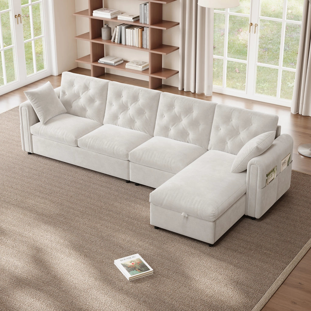 Divano angolare in velluto con funzione letto, contenitore laterale e chaise longue reversibile, beige, 281¡Á132¡Á86 cm