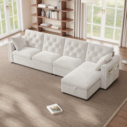 Divano angolare in velluto con funzione letto, contenitore laterale e chaise longue reversibile, beige, 281¡Á132¡Á86 cm