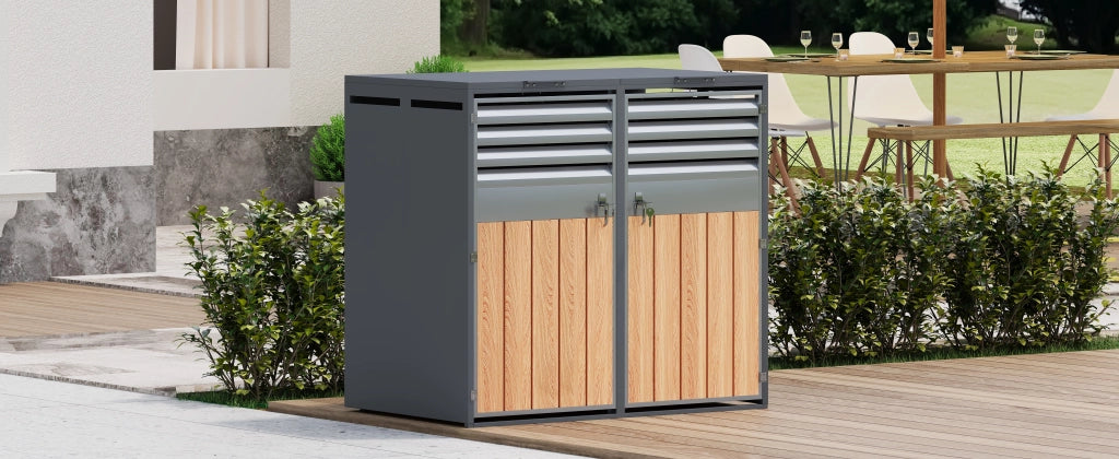 Cassetta della spazzatura; con coperchio incernierato; apertura di ventilazione con stecchi; compartimenti di stoccaggio della spazzatura; chiudibile a chiave; due porte;